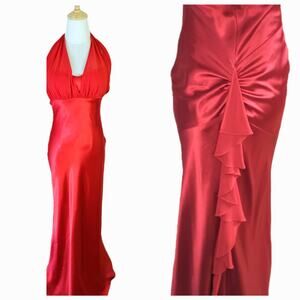 Vtg Betsey & Adam Red Silky Satin Bias Cut Halter Long Formal Prom Dress USA 4